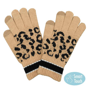 Camel Leopard Patterned Striped Cuff Knit Smart Gloves. Before running out the door into the cool air, you’ll want to reach for these toasty gloves to keep your head incredibly warm. Accessorize the fun way with these gloves, it's the autumnal touch you need to finish your outfit in style. Awesome winter gift accessory!