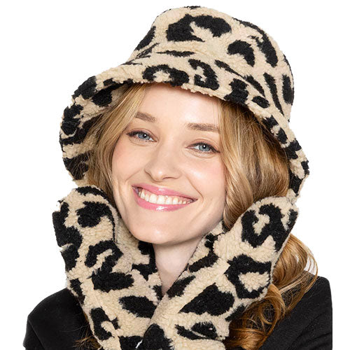 Camel One Size Leopard Patterned Faux Fur Bucket Hats, stay warm and cozy, protect yourself from the cold, this most recognizable look with remarkable bold, soft & chic bucket hat, features a rounded design with a short brim. The hat is foldable, great for daytime. Perfect Gift for cold weather!