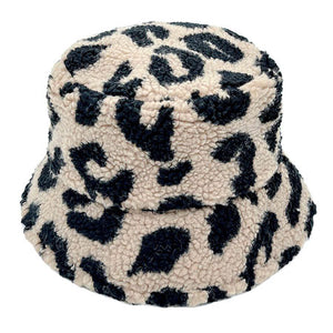 Camel One Size Leopard Patterned Faux Fur Bucket Hats, stay warm and cozy, protect yourself from the cold, this most recognizable look with remarkable bold, soft & chic bucket hat, features a rounded design with a short brim. The hat is foldable, great for daytime. Perfect Gift for cold weather!