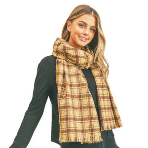 Camel Plaid Check Lurex Oblong Scarf, is luxurious and trendy. The oblong shape makes this scarf a perfect choice that can be worn in many ways. Perfect Gift for Wife, Mom, Birthday, Holiday, Christmas, Anniversary, Fun Night Out. Its softness, comfortability and color variation make it unique. Its a perfect choice for saving you from cold days outing. Enjoy the season!