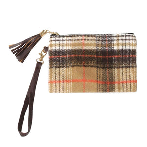 Camel Plaid Check Wristlet Pouch Bag, put in your bag, and find quickly with its bright colors. This wristlet clutch bag is lightweight and has a detachable strap that helps to carry more comfortably. Great for running small errands while keeping your hands free. An ideal accessory to carry handy items. A beautiful gift item for birthdays, anniversaries, Christmas, etc.