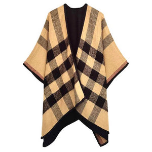 Camel Reversible Plaid Check Patterned Buffalo Print Poncho Outwear Cover Up, the perfect accessory, luxurious, trendy, super soft chic capelet, keeps you warm & toasty. You can throw it on over so many pieces elevating any casual outfit! Perfect Gift Birthday, Holiday, Christmas, Anniversary, Wife, Mom, Special Occasion