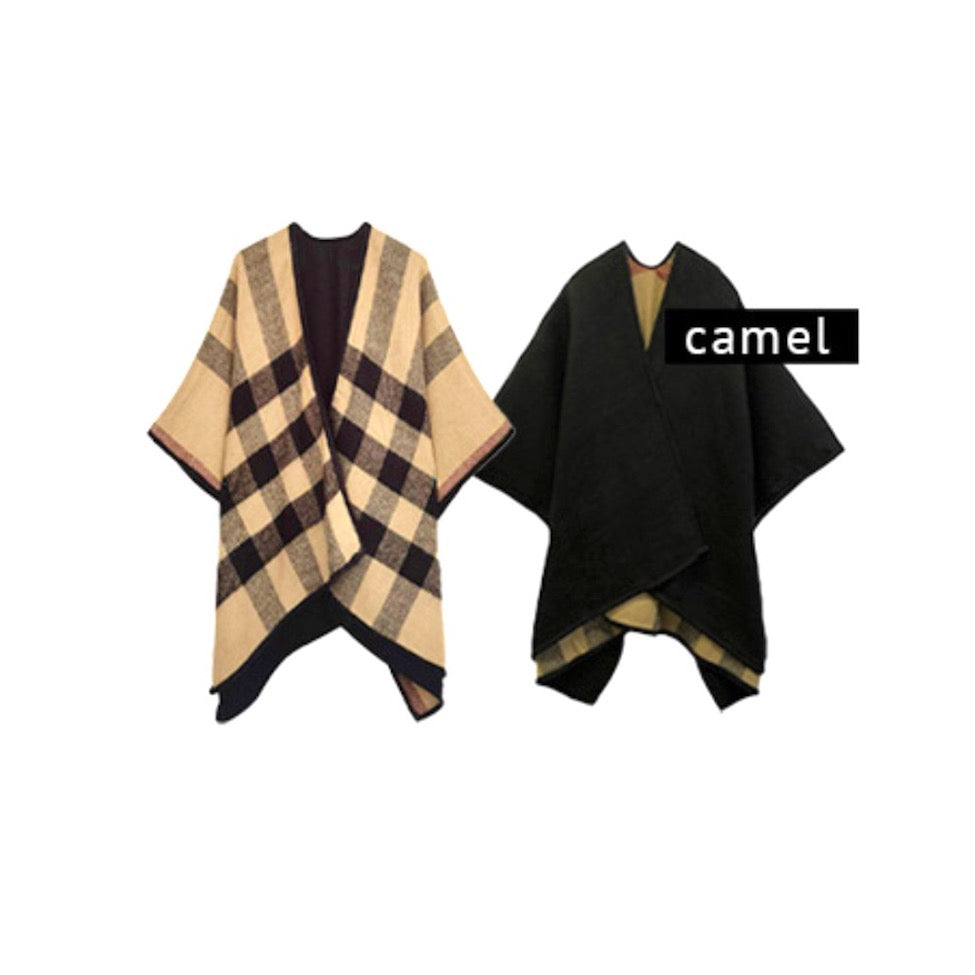 Camel Reversible Plaid Check Patterned Buffalo Print Poncho Outwear Cover Up, the perfect accessory, luxurious, trendy, super soft chic capelet, keeps you warm & toasty. You can throw it on over so many pieces elevating any casual outfit! Perfect Gift Birthday, Holiday, Christmas, Anniversary, Wife, Mom, Special Occasion