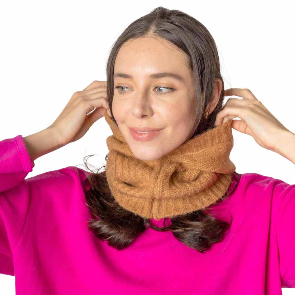 Camel Solid Snood Hat, This classic snood will provide warmth in the winter. Comfortable and lightweight made with breathable fabric. Fabulous and stylish knitting pattern for an all-in-one hat and snood. A snood hat will become a favorite accessory in cold weather for everyday indoors and outers. The set will be a good gift for your loved ones. Care! Stay fashionable with extra warmth.