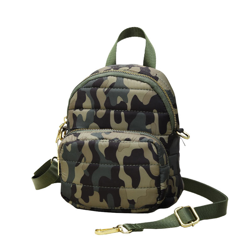 Camo Solid Puffer Mini Backpack Bag, Great for adding fashionable accents to your daily style. This mini bag offers enough room for your daily going essentials. It can hold your wallets, keys, cell phones, makeup and other small accessories and stuff. Mini size and lovely decoration make your look chic and fashionable. These beautiful and trendy backpacks have adjustable hand straps that make your life more comfortable.