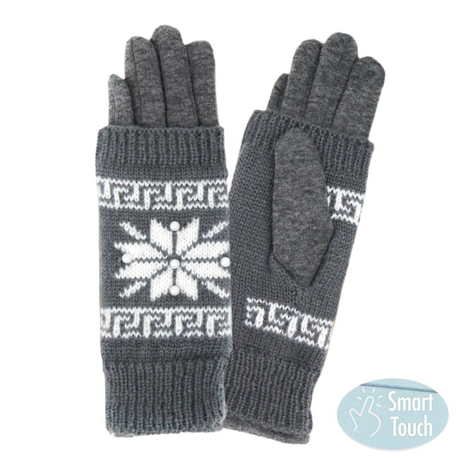 Charcoal 3 in 1 Knitted Snowflake Pearl Accented Smart Gloves, a pair of gorgeous snowflake themed gloves are practical and fashionable that make you more elegant and charming. They also keep your arms and hands warm enough and save you from the cold weather and chill. It's touchscreen compatible and stretches for a snug fit. Wear with any outfit with a perfect match at any place to add laughter, inspiration & joy to Christmas celebrations.