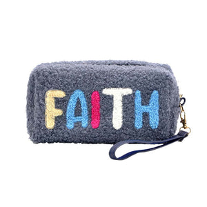 Charcoal Faux Fur Faith Message Pouch With Wristlet, this awesome and FAITH message-containing wristlet goes with any outfit and shows your trendy choice to make you stand out. perfect for carrying makeup, money, credit cards, keys or coins, etc. Comes with a wristlet for easy carrying. It's perfectly lightweight and simple. Put it in your bag and find it quickly with its eye-catchy colors. Great for running small errands while keeping your hands free.