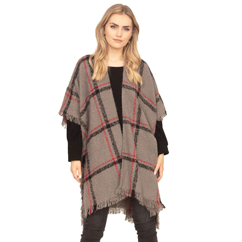 Charcoal Polyester Fall Winter Plaid Check Poncho, the perfect accessory, luxurious, trendy, super soft chic capelet, keeps you warm and toasty. You can throw it on over so many pieces elevating any casual outfit! Perfect Gift for Wife, Mom, Birthday, Holiday, Christmas, Anniversary, Fun Night Out