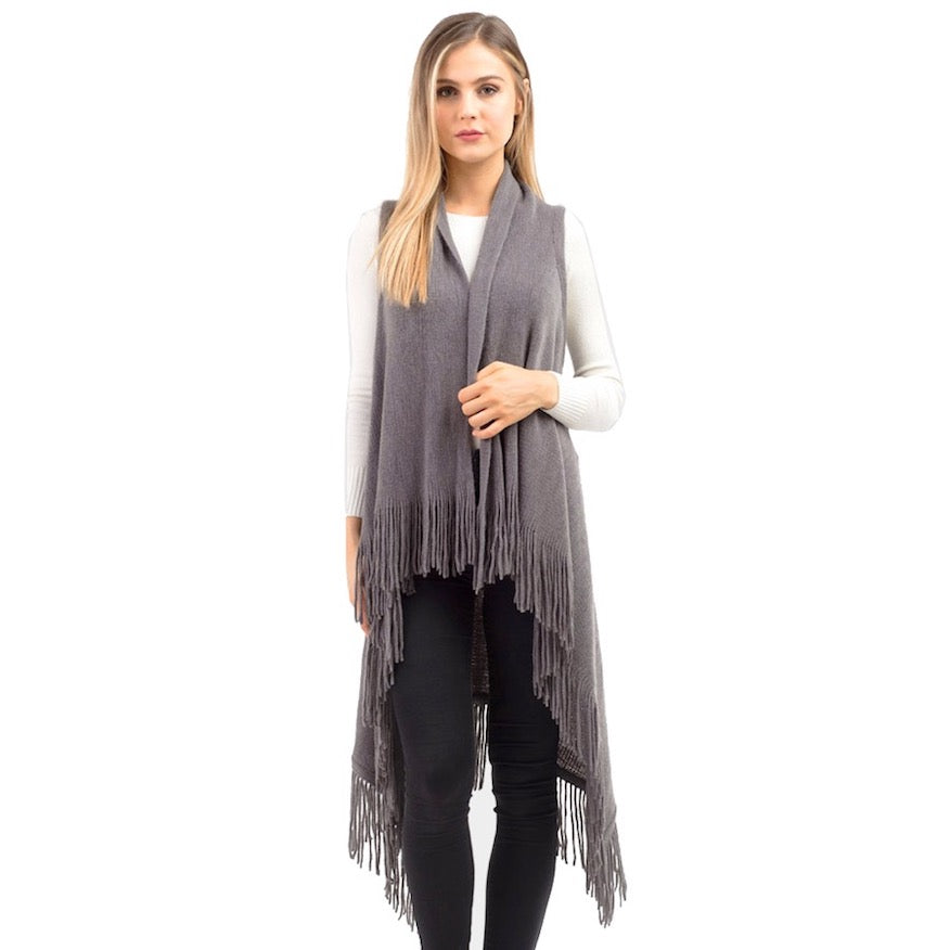Charcoal Knit Design Solid Fringe Tassel Knit Poncho Outwear Ruana Cape Vest, the perfect accessory, luxurious, trendy, super soft chic capelet, keeps you warm & toasty. You can throw it on over so many pieces elevating any casual outfit! Perfect Gift Birthday, Holiday, Christmas, Anniversary, Wife, Mom, Special Occasion
