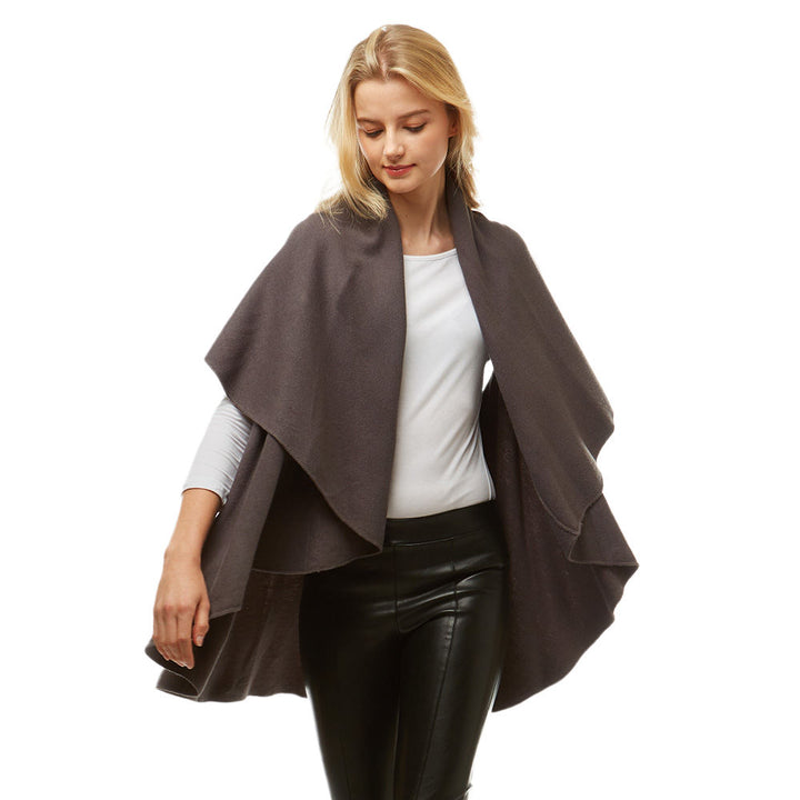 Charcoal Solid Color Detail Wide Soft Knit Cape Poncho Shawl Vest, the perfect accessory, luxurious, trendy, super soft chic capelet, keeps you warm & toasty. You can throw it on over so many pieces elevating any casual outfit! Perfect Gift Birthday, Holiday, Christmas, Anniversary, Wife, Mom, Special Occasion