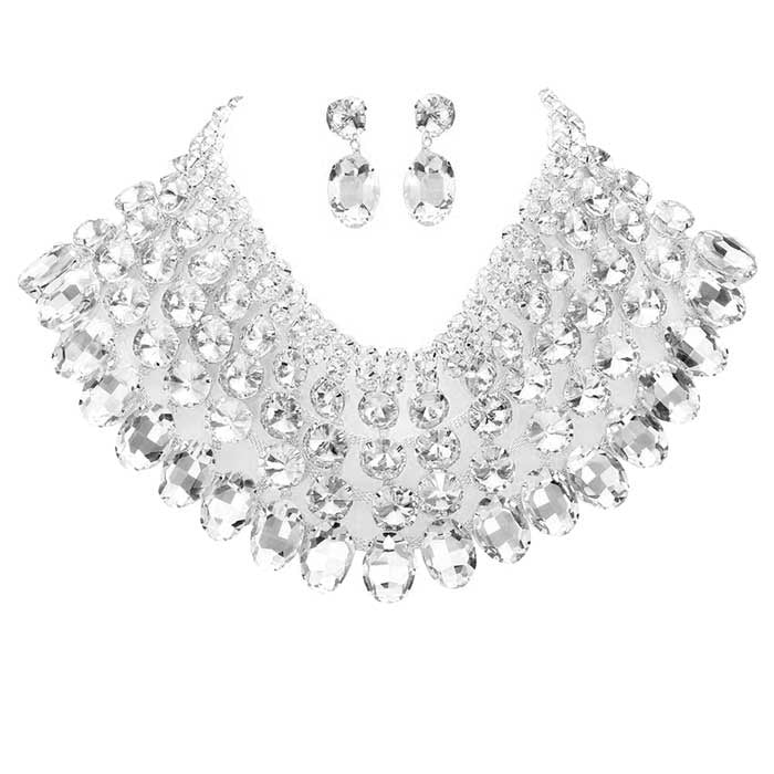 Clear Rhodium Crystal Glass Bib Statement Necklace, designed to accent the neckline, oversized crystals dangle earrings, which are a perfect way to add sparkle to everything, showing off your elegance. Wear together or separate according to your event, versatile enough for wearing straight through the week, perfectly lightweight for all-day wear, coordinate with any ensemble from business casual to everyday wear, the perfect addition to every outfit. Adds a touch of beautiful inspired beauty to your look.