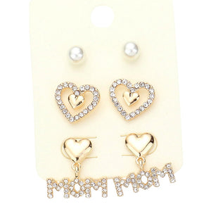 Clear 3Pairs Pearl Rhinestone Embellished Heart Mom Earrings, enhance your attire with these beautiful heart mom earrings to show off your fun trendsetting style. It can be worn with any daily wear such as shirts, dresses, T-shirts, etc. These pearl rhinestone earrings will garner compliments all day long. Whether day or night, on vacation, or on a date, whether you're wearing a dress or a coat, these earrings will make you look more glamorous and beautiful. 