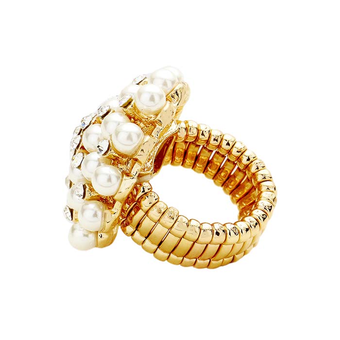 Clear Cream Gold Pearl Bloom Pave Stretch Ring, a Beautifully crafted design adds a gorgeous glow to any outfit. Jewelry that fits your lifestyle. Perfect for adding just the right amount of shimmer & shine and a touch of class to special events. Perfect Birthday Gift, Anniversary Gift, Mother's Day Gift, or Graduation Gift.