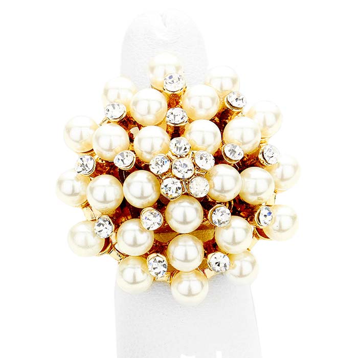 Clear Cream Gold Pearl Bloom Pave Stretch Ring, a Beautifully crafted design adds a gorgeous glow to any outfit. Jewelry that fits your lifestyle. Perfect for adding just the right amount of shimmer & shine and a touch of class to special events. Perfect Birthday Gift, Anniversary Gift, Mother's Day Gift, or Graduation Gift.