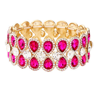 Clear Fuchsia Gold Teardrop Glass Crystal Pave Stretch Evening Bracelet sleek style adds a pop of color to your attire, coordinate with any ensemble from business casual to everyday wear Birthday Gift, Anniversary Gift, Valentine's Day, Christmas, Navidad, Cumpleanos, Mother's Day Gift, Prom, Wedding Bridal, prom, Quinceanera, Sweet 16