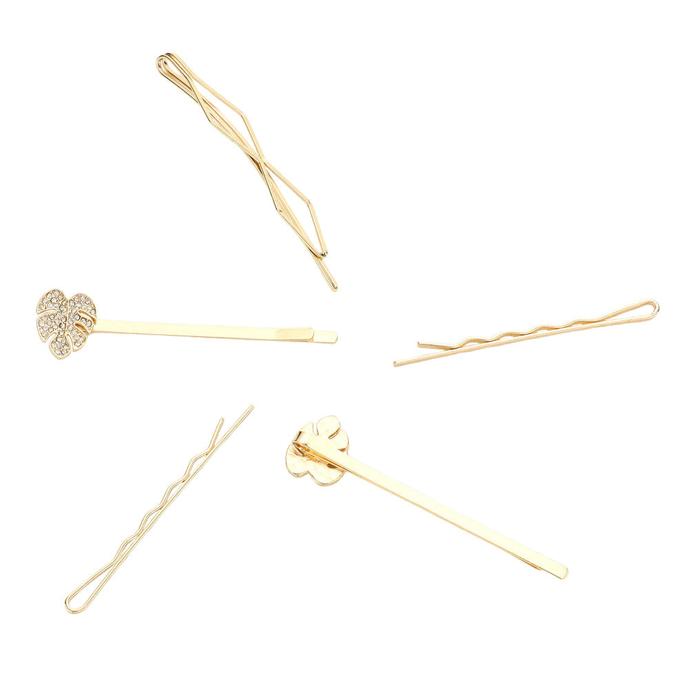 Clear Gold 5PCS Stone Embellished Tropical Leaf Bobby Pin Hair Clips, Complete your look with this set of beautiful imitation hair clips. The perfect accent for your superb up-do! They make your source more interesting and colorful. Perfect for special occasions, weddings, Prom, Sweet 16, Quinceanera, Graduation, etc.