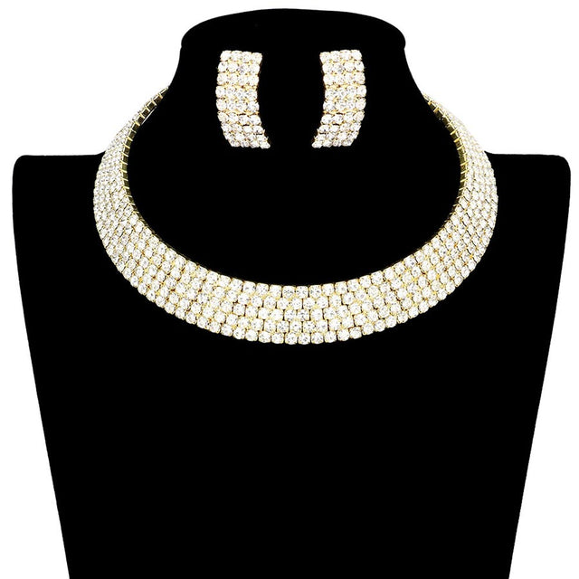 Clear Gold 5Rows Crystal Rhinestone Choker Cuff Necklace, These gorgeous rhinestone pieces will show your class on any special occasion. The elegance of this crystal necklace goes unmatched, great for wearing at a party! Perfect for adding just the right amount of shimmer & shine and a touch of class in everywhere. Stunning jewelry set will sparkle all night long making you shine like a diamond. Awesome gift for birthdays, anniversaries, Valentine‚Äö√Ñ√¥s Day, or any special occasion.