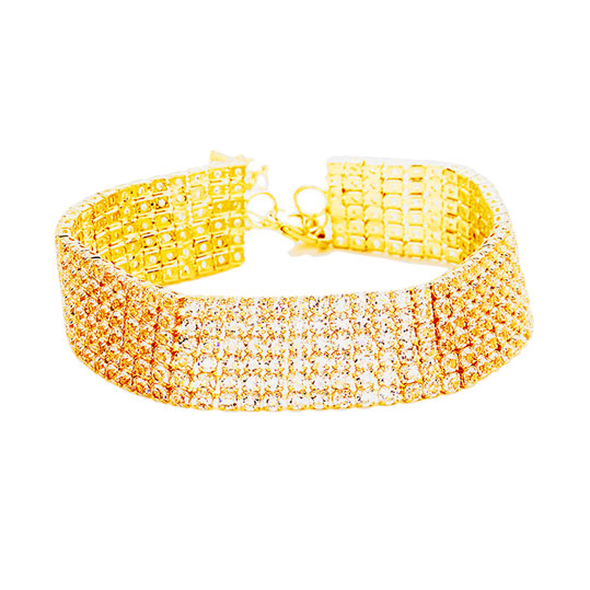 Clear Gold 6 Rows Pave CZ Tennis Evening Bracelet, 6 Rows of dazzling stone bracelet with adjustable hook. Look as regal on the outside as you feel on the inside, create that mesmerizing look you have been craving for! Put on a pop of color to complete your ensemble on any special occasion. Can go from the office to after-hours with ease, adds a sophisticated glow to any outfit. Perfect gift for Birthday, Anniversary, Mother's Day, Thanksgiving Day you, and Daily Wear.
