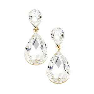 Clear Gold Crystal Double Teardrop Evening Earrings; get into the groove with our gorgeous handcrafted earrings, add a pop of color to your ensemble, just the right amount of shimmer & shine, touch of class, beauty and style to any special events. Perfect Birthday Gift, Anniversary Gift, Mother's Day Gift, Graduation Gift.