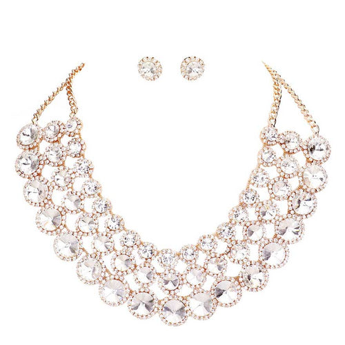 Crystal Pave Trim Round Evening Necklace Earring Set - Gold