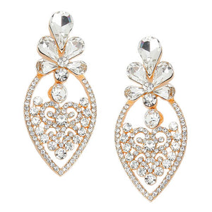 Clear Gold Crystal Rhinestone Flower Heart Evening Earrings. Get ready with these bright earrings, put on a pop of color to complete your ensemble. Perfect for adding just the right amount of shimmer & shine and a touch of class to special events. Perfect Birthday Gift, Anniversary Gift, Mother's Day Gift, Graduation Gift.