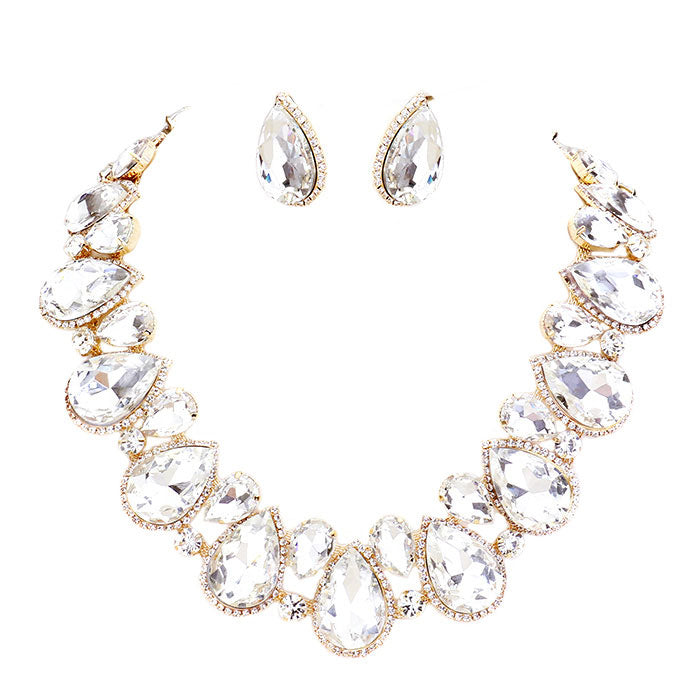 Clear Gold Crystal Rhinestone Trim Teardrop Collar Evening Necklace.  Get ready with these Cluster Evening Necklace, put on a pop of color to complete your ensemble. Perfect for adding just the right amount of shimmer & shine and a touch of class to special events. Perfect Birthday Gift, Anniversary Gift, Mother's Day Gift, Graduation Gift. 