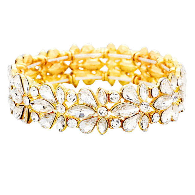 Clear Gold Floral Crystal Stretch Evening Bracelet, This flower detailed Crystal stunning stretch bracelet is sure to get you noticed, adds a gorgeous glow to any outfit. Jewelry that fits your lifestyle! perfect for a night out on the town or a black tie party, ideal for Special Occasion, Prom or an Evening out. Awesome gift for birthday, Anniversary, Valentine‚Äôs Day or any special occasion.