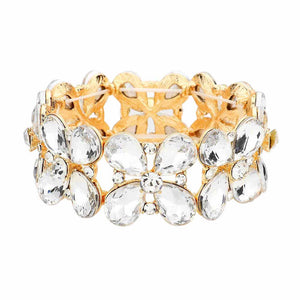 Clear Gold Floral Teardrop Glass Crystal Stretch Evening Bracelet, this Crystal Stretch Bracelet sparkles all around with it's surrounding round stones, stylish stretch bracelet that is easy to put on, take off and comfortable to wear. It looks so pretty, brightly, and elegant on any special occasion. Jewelry offers a wide variety of exquisite jewelry for your Party, Prom, Pageant, Wedding, Sweet Sixteen, and other Special Occasions! Stay gorgeous wearing this stunning floral design stretch bracelet.