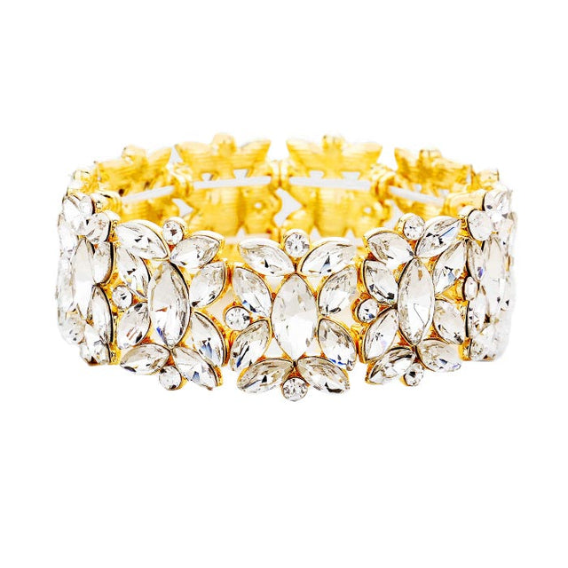 Clear Gold Marquise Floral Oval Crystal Cluster Stretch Evening Bracelet, abaolutely gorgeous and glitters on your earlobs to make you stand out. It looks so pretty, brightly and elegant at any special occasion. This Crystal Cluster Bracelets designed to be trendy fashion statement. These Bracelets bangle are perfect for any occasion whether formal or casual or for going to a party or special occasions. Perfect gift for birthday, Valentine‚Äö√Ñ√¥s Day, Party, Prom.