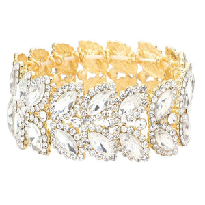 Clear Gold Marquise Stone Embellished Stretch Evening Bracelet, This Marquise Stretch Bracelet sparkles all around with it's surrounding round stones, stylish stretch bracelet that is easy to put on, take off and comfortable to wear. It looks modern and is just the right touch to set off LBD. Perfect jewelry to enhance your look. Awesome gift for birthday, Anniversary, Valentine’s Day or any special occasion.