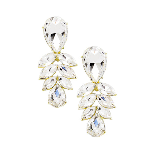 Clear Gold Post Back Marquise Glass Crystal Leaf Evening Earrings. Get ready with these bright earrings, put on a pop of color to complete your ensemble. Perfect for adding just the right amount of shimmer & shine and a touch of class to special events. Perfect Birthday Gift, Anniversary Gift, Mother's Day Gift, Graduation Gift.