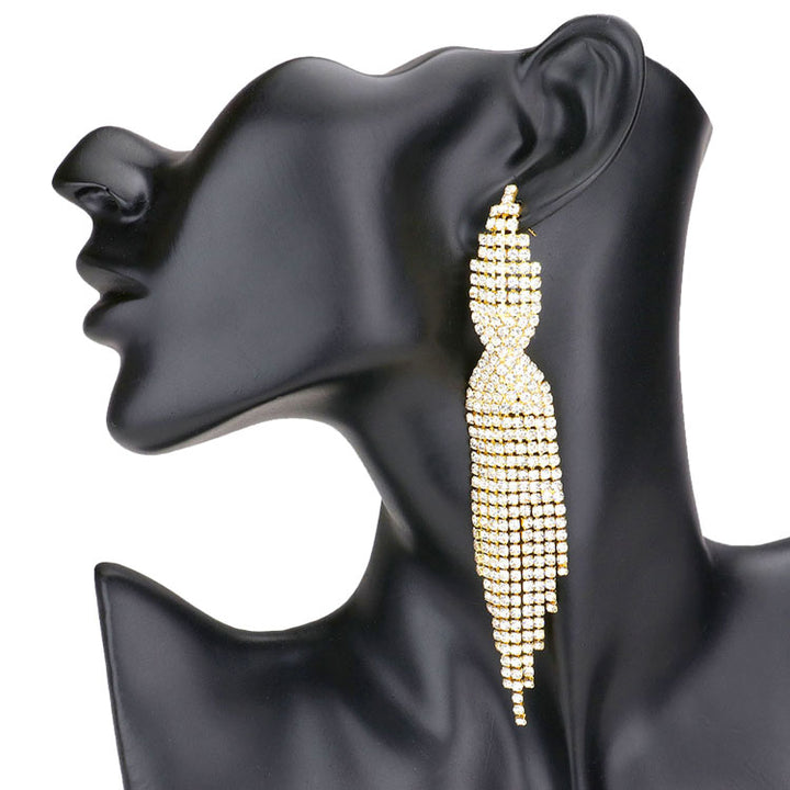 Clear Gold Rhinestone Fringe Evening Earrings, complete the appearance of elegance and royalty to drag the attention of the crowd on special occasions with these fringe earrings. The beautifully crafted design adds a gorgeous glow to any outfit to make you stand out and more confident. Pair with your favorite cocktail dress for a fabulous look or with your everyday casual for effortless chic style. Perfect jewelry gift to expand a woman's fashion wardrobe with a modern, on-trend style. 