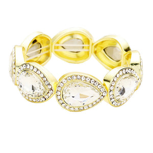 Clear Gold Rhinestone Trim Teardrop Crystal Stretch Evening Bracelet, Get ready with these Stretch Bracelet, put on a pop of color to complete your ensemble. Perfect for adding just the right amount of shimmer & shine and a touch of class to special events. Perfect Birthday Gift, Anniversary Gift, Mother's Day Gi