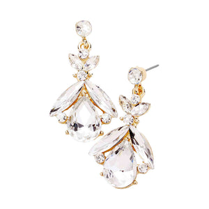 Clear Gold Teardrop Crystal Marquise Evening Earrings; ideal for parties, weddings, graduation, prom, holidays, pair these exquisite crystal earrings with any ensemble for an elegant, poised look. Birthday Gift, Mother's Day Gift, Anniversary Gift, Quinceanera, Sweet 16, Bridesmaid, Bride, Milestone Gift
