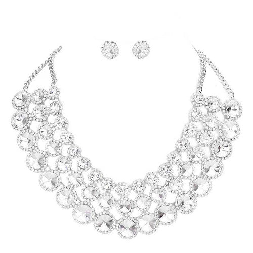 Crystal Pave Trim Round Evening Necklace Earring Set - Rhodium