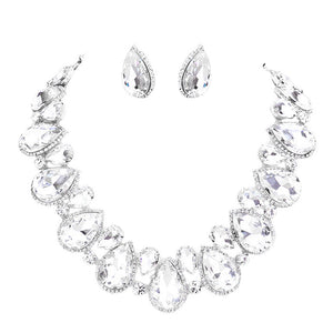 CLear Rhodium Crystal Rhinestone Trim Teardrop Collar Evening Necklace.  Get ready with these Cluster Evening Necklace, put on a pop of color to complete your ensemble. Perfect for adding just the right amount of shimmer & shine and a touch of class to special events. Perfect Birthday Gift, Anniversary Gift, Mother's Day Gift, Graduation Gift. 