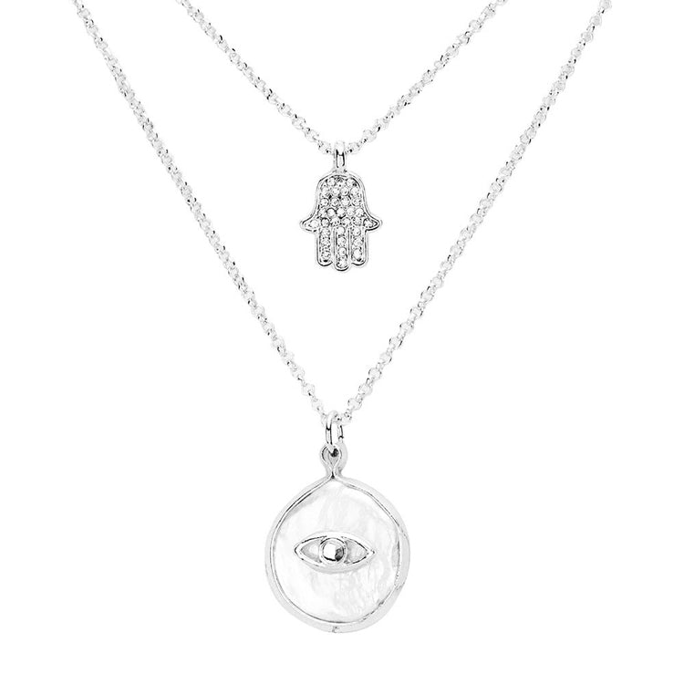 Clear Rhodium Evil Eye Pendant Rhinestone hamsa hands Layered Necklace, put on a pop of color to complete your ensemble. Beautifully crafted design adds a gorgeous glow to any outfit. Perfect Birthday Gift, Anniversary Gift, Mother's Day Gift, Prom Jewelry, Just Because Gift, Thank you Gift.