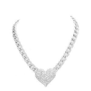 Clear Rhodium Heart Rhinestone Pave Chunky Metal Chain Necklace, Get ready with these Metal Chain  Necklace, put on a pop of color to complete your ensemble. Perfect for adding just the right amount of shimmer & shine and a touch of class to special events. Perfect Birthday Gift, Anniversary Gift, Mother's Day Gift, Graduation Gift.