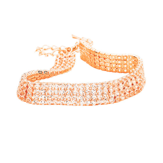 Clear Rose Gold 4 Rows Pave CZ Tennis Evening Bracelet, 4 Rows of dazzling stone bracelet with adjustable hook. Look as regal on the outside as you feel on the inside, create that mesmerizing look you have been craving for! Put on a pop of color to complete your ensemble on any special occasion. Can go from the office to after-hours with ease, adds a sophisticated glow to any outfit. Perfect gift for Birthday, Anniversary, Mother's Day, Thanksgiving Day you, and Daily Wear.
