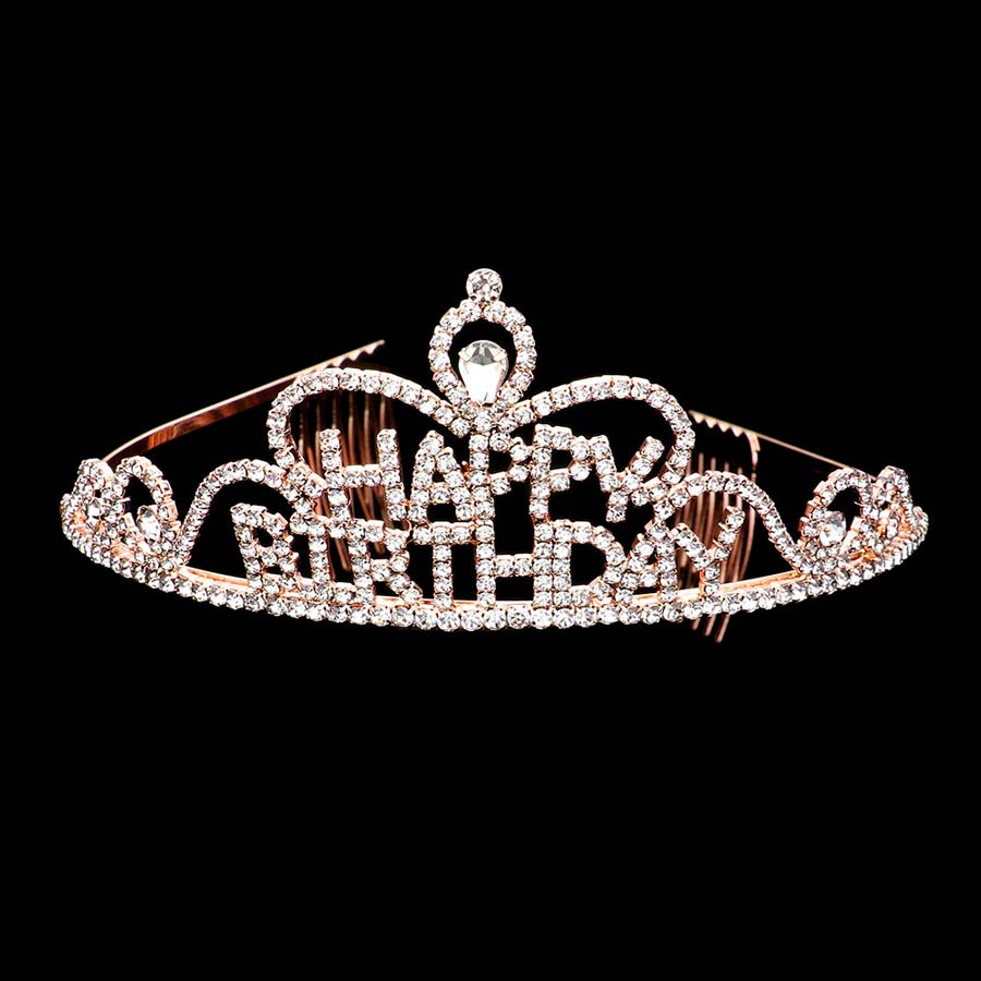 Clear Rose Gold Teardrop Crystal Rhinestone Happy Birthday Tiara. Turn any cake into a royal treat for your daughter's princess-themed birthday party with this Tiara. Ideal for dolling up the guest of honor on her special day, this party tiara also makes a fun cake decoration. Add it to a gift for the birthday girl or lay it at her place setting to be donned right before she blows out the candles on her birthday cake.