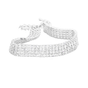 Clear Silver 4 Rows Pave CZ Tennis Evening Bracelet, 4 Rows of dazzling stone bracelet with adjustable hook. Look as regal on the outside as you feel on the inside, create that mesmerizing look you have been craving for! Put on a pop of color to complete your ensemble on any special occasion. Can go from the office to after-hours with ease, adds a sophisticated glow to any outfit. Perfect gift for Birthday, Anniversary, Mother's Day, Thanksgiving Day you, and Daily Wear.