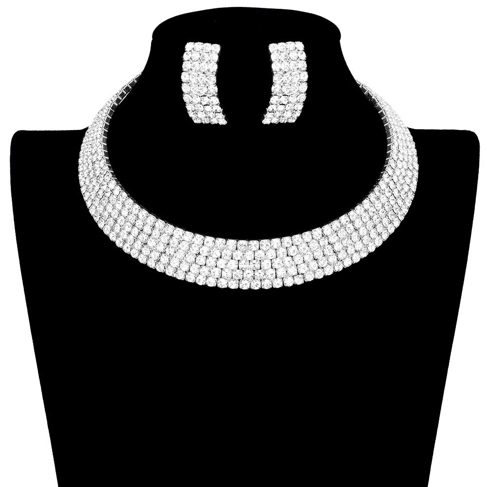 Clear Gold 5Rows Crystal Rhinestone Choker Cuff Necklace, These gorgeous rhinestone pieces will show your class on any special occasion. The elegance of this crystal necklace goes unmatched, great for wearing at a party! Perfect for adding just the right amount of shimmer & shine and a touch of class in everywhere. Stunning jewelry set will sparkle all night long making you shine like a diamond. Awesome gift for birthdays, anniversaries, Valentine’s Day, or any special occasion.