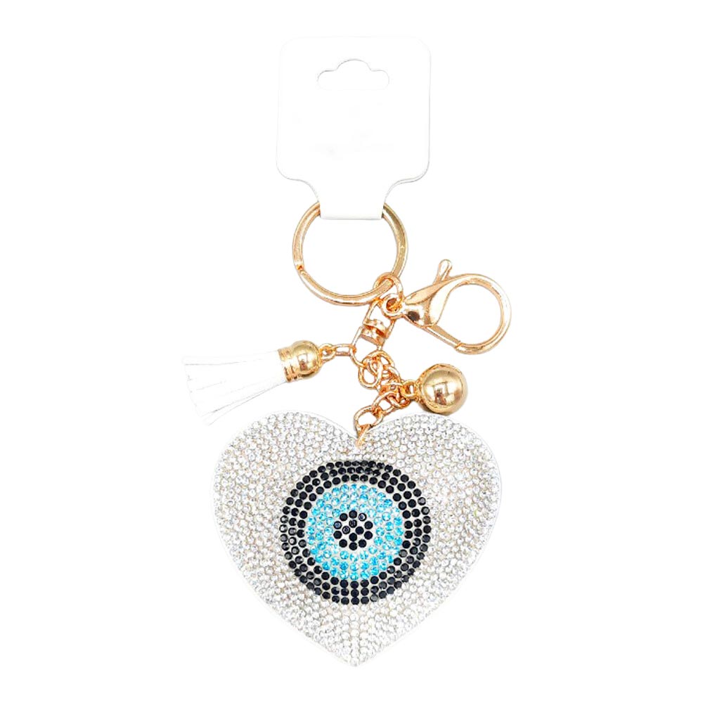 Clear Silver Bling Evil Eye Accented Heart Tassel Keychain, This keychain is the best to carry around the keys to your treasure box or your evil hideout! Make your close ones feel special. It will be your new favorite accessory. Perfect gift for birthdays, anniversaries, mother's day, graduation, valentine's day, etc.