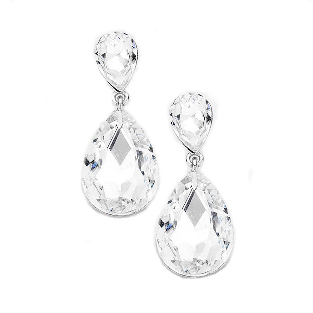 Clear Silver Crystal Double Teardrop Evening Earrings; get into the groove with our gorgeous handcrafted earrings, add a pop of color to your ensemble, just the right amount of shimmer & shine, touch of class, beauty and style to any special events. Perfect Birthday Gift, Anniversary Gift, Mother's Day Gift, Graduation Gift.