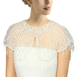 Clear White Draped Crystal Embellished Wedding Collar Shawl. Great shawl and wrap to match your evening dress but not cover it. Also can be fold down to a very slim size, Perfect for weddings, parties, evenings, dances, formal occasions or any other special occasions.