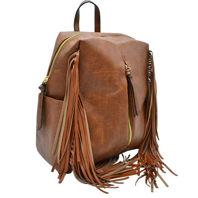 Coffee Multi Pocket Vegan Leather Women Fringe Backpack, This is a very high quality Vegan Leather High-Fashion Backpack. Great as a Women's Accessory Item for Travel in Airports and other places where would be convenient to be Hands-Free. Very durable and nice large size. Should be able to carry all that a student would need. Durable to carry a heavy load. Perfect for working, shopping, daily life, traveling, school and business. A great gift to your friends and family.