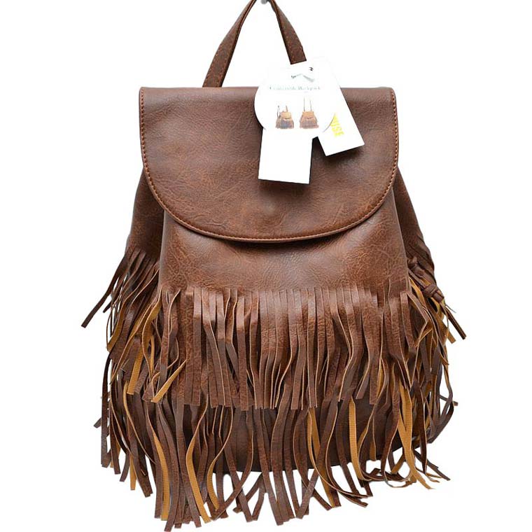 Coffee Stylish Vegan Leather Fringe Backpack, is a high-quality vegan leather fringe backpack that enriches your fashion and represent your trendy choice. Wherever you go for travelling, tour, day out, picnic etc, it's the best accessory for carrying all necessary stuff in one place conveniently to be hands-free. It's highly durable, large size and nicely designed with fringe that drags out the real beauty. One will be able to carry through the whole day that a student needs the most.