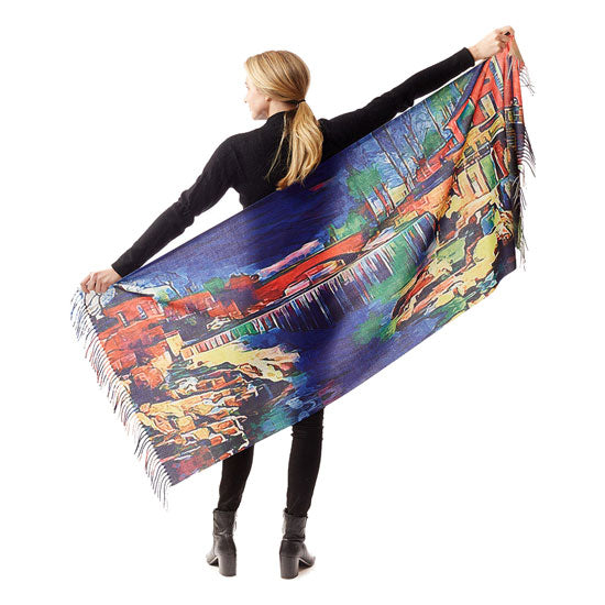 Colorful Houses Painting Printed Scarf, the perfect accessory, luxurious, trendy, super soft chic capelet, keeps you warm and toasty. You can throw it on over so many pieces elevating any casual outfit! Perfect Gift for Wife, Mom, Birthday, Holiday, Christmas, Anniversary, Fun Night Out