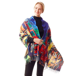 Colorful Houses Painting Printed Scarf, the perfect accessory, luxurious, trendy, super soft chic wrap, keeps you warm and toasty. Throw it on over many pieces to elevate any casual outfit! Birthday Gift, Christmas Gift, Anniversary Gift, Regalo Navidad, Regalo Cumpleanos, Regalo Dia del Amor, Valentine's Day Gift