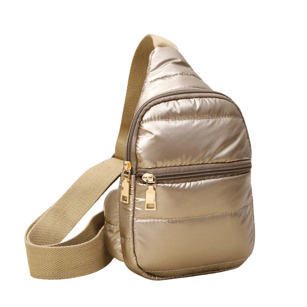 Copper Solid Puffer Mini Sling Bag, be the ultimate fashionista while carrying this Solid Puffer Sling bag in style. It's great for carrying small and handy things. Keep your keys handy & ready for opening doors as soon as you arrive. The adjustable lightweight features room to carry what you need for long walks or trips.